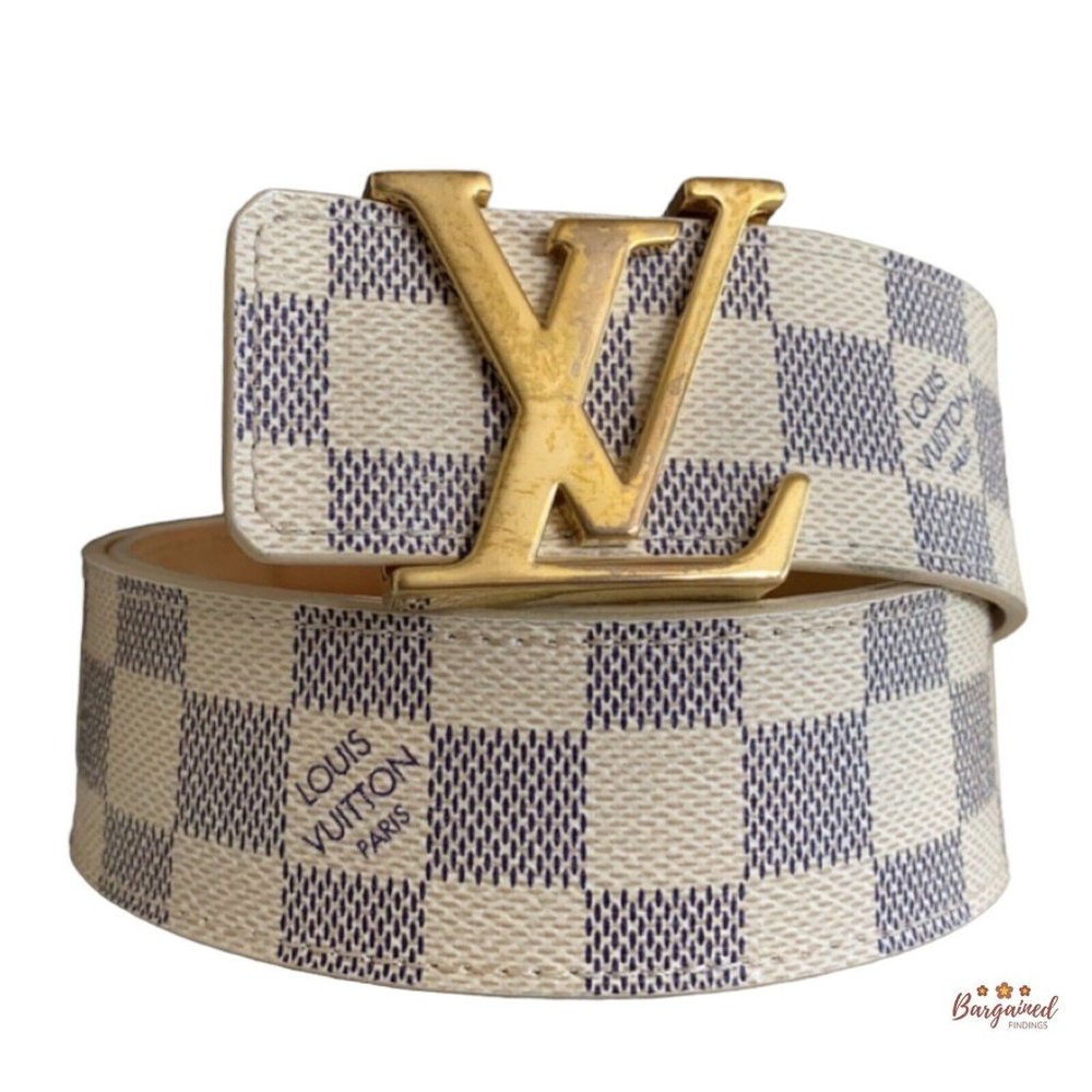Authentic Louis Vuitton Damier Azur Canvas Leather Gold LV Initials Belt 85/34